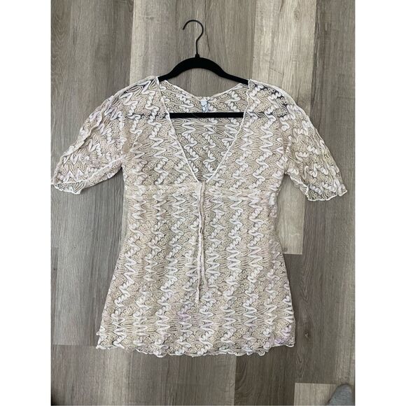 BECCA BY REBECCA VIRTUE Sundown Zigzag Crochet Tan White Tunic cover up, MP $88 - Picture 9 of 9